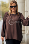 TABEA Damen Bluse Plus Size Gerade Elegant Mit Perlen in Schokoladenbraun