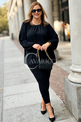 TABEA Damen Bluse Plus Size Elegant mit Perlen – Schwarz