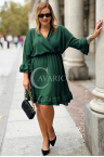 BELINDA Damen Übergröße Kleid mit Rüschen und V-Ausschnitt in Flaschengrün