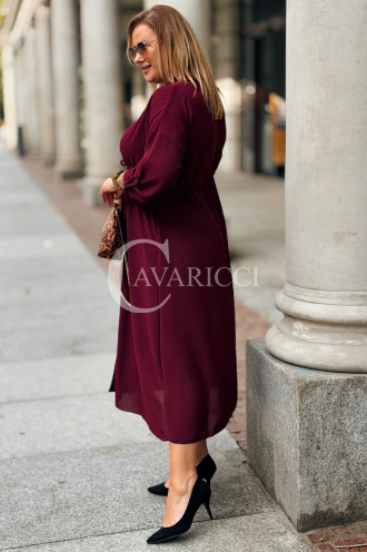 Bordeauxrotes Übergrößen-Kleid mit Taillenbindung & Taschen