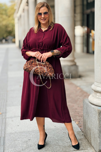 Bordeauxrotes Übergrößen-Kleid mit Taillenbindung & Taschen