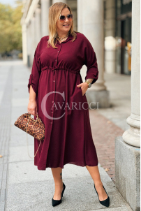 Bordeauxrotes Übergrößen-Kleid mit Taillenbindung & Taschen