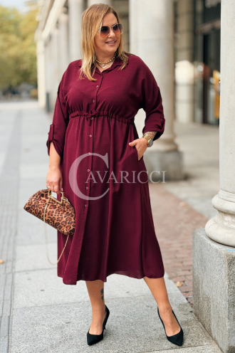 Bordeauxrotes Übergrößen-Kleid mit Taillenbindung & Taschen
