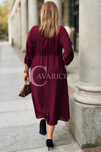 Bordeauxrotes Übergrößen-Kleid mit Taillenbindung & Taschen