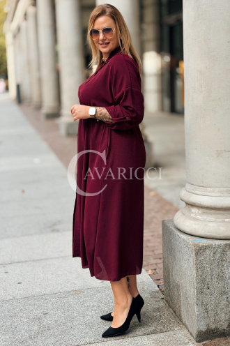 Bordeauxrotes Übergrößen-Kleid mit Taillenbindung & Taschen