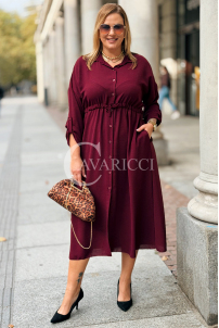 Bordeauxrotes Übergrößen-Kleid mit Taillenbindung & Taschen