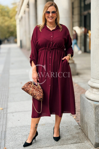 Bordeauxrotes Übergrößen-Kleid mit Taillenbindung & Taschen