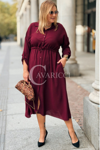 Bordeauxrotes Übergrößen-Kleid mit Taillenbindung & Taschen