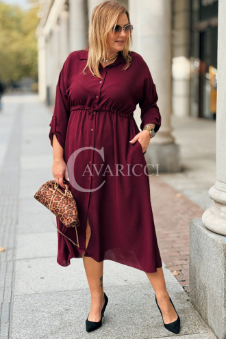Bordeauxrotes Übergrößen-Kleid mit Taillenbindung & Taschen