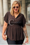 DOMINIQUE Elegante Glänzende Damen-Bluse in Großen Größen mit Kurzarm in Schokoladenbraun