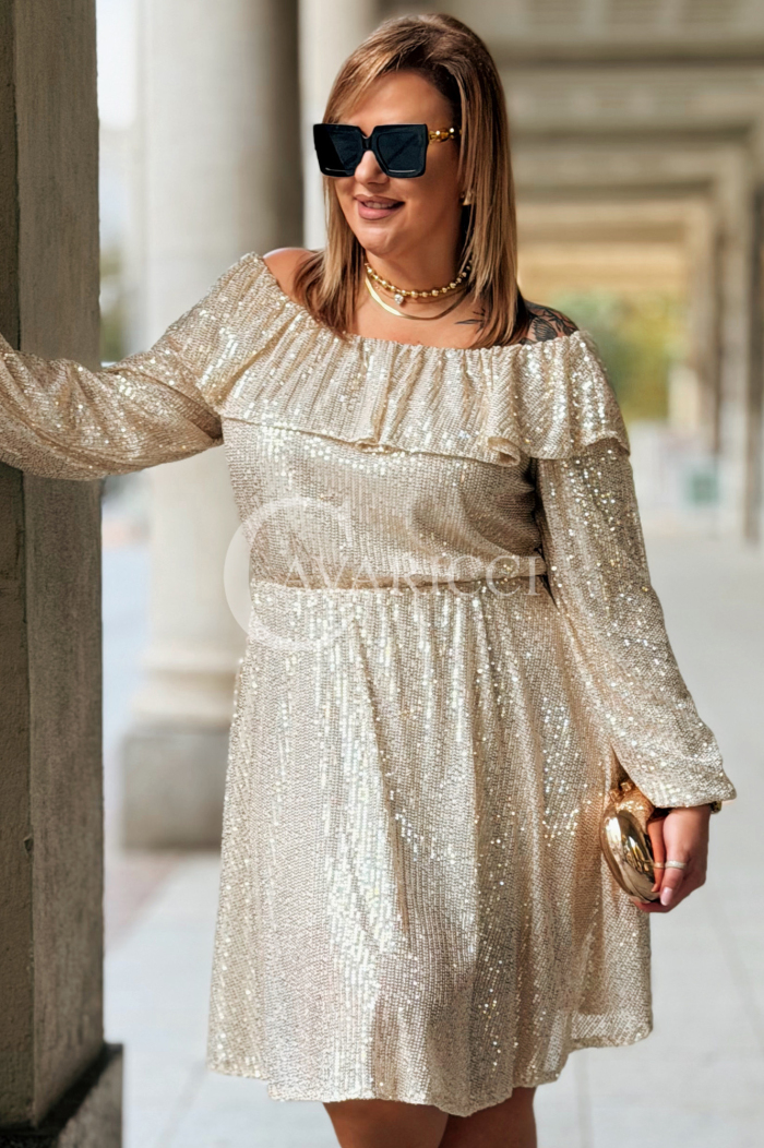 Glänzendes Pailletten-Abendkleid Plus Size Off-Shoulder Beige