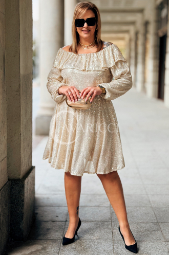 Glänzendes Pailletten-Abendkleid Plus Size Off-Shoulder Beige