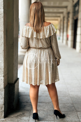 Glänzendes Pailletten-Abendkleid Plus Size Off-Shoulder Beige