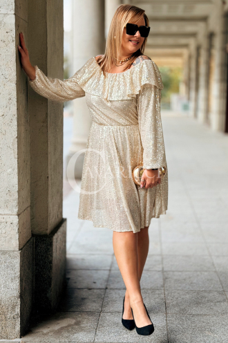 Glänzendes Pailletten-Abendkleid Plus Size Off-Shoulder Beige