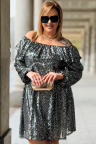 FABIENNE Glänzendes Paillettenkleid Plus Size Off-Shoulder Gummizug in der Taille Abendkleid in Silber