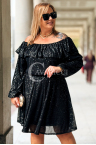 FABIENNE Glänzendes Pailletten-Kleid Plus Size Off-Shoulder Gummizug in der Taille Abendkleid in Schwarz