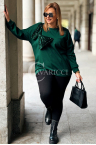 ADELAIDE Damen Bluse Plus Size Elegant mit Großer Dekorativer Schleife aus Pailletten in Flaschengrün