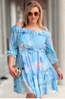 ELISABETH - spanisches Premium-Blumenkleid mit Rüsche, Aufdruck in Blau