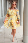 ELISABETH - spanische Blumenbluse Premium mit Rüsche, Aufdruck in Gelb