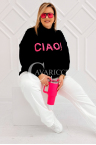 CIAO - Stylischer Pullover mit Schriftzug, Halbrollkragen und dekorativen Nähten in Schwarz