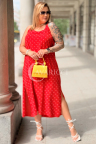 Luftiges Kleid SYLVINIA – Zeitlose Punkte, Dekorativer Rücken und Schlitze Farbe Rot