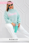 CIAO - Stylowy sweter zdobiony napisem z półgolfem i ozdobnymi przeszyciami w kolorze miętowym