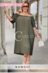 Kleid AGNES – Plissiertes Off-Shoulder-Kleid mit Gummizug, Lockere Passform kaschiert Bauch und Hüften, Farbe Khaki
