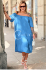 Kleid AGNES – Plissiertes Schulterfreies Kleid mit Gummizug, Lockere Passform zum Kaschieren von Bauch und Hüften, Jeansblau