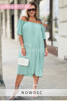 Kleid AGNES – Plissiertes Off-Shoulder-Kleid mit Gummizug, Lockere Passform zur Kaschierung von Bauch und Hüften, Farbe Türkis