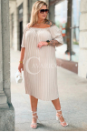 Kleid AGNES – Plissiertes Schulterfreies Kleid mit Gummizug, Lockere Passform zur Kaschierung von Bauch und Hüften, Farbe Beige