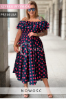 Premium-Kleid UMBERTO – Ausgestelltes Midi-Kleid mit Punktemuster, Luftiger Unterseite und Hüftkaschierendem Schnitt Farbe Marin