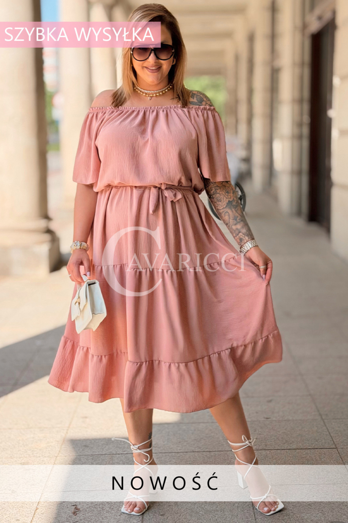 Kleid ALTEA – Schulterfrei mit Volant-Saum in Rosa