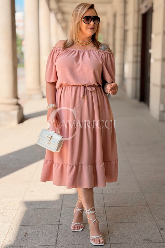 Kleid ALTEA – Schulterfrei mit Volant-Saum in Rosa