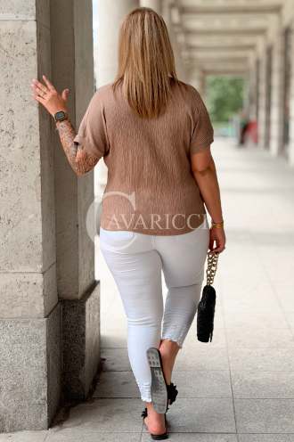 DOMESTI Bluse Plus Size – V-Ausschnitt & Bindebänder, Caffe