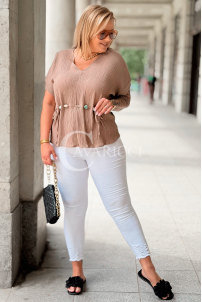 DOMESTI Bluse Plus Size – V-Ausschnitt & Bindebänder, Caffe