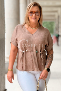 DOMESTI Bluse Plus Size – V-Ausschnitt & Bindebänder, Caffe
