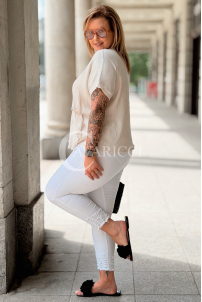 Bluse DOMESTI Beige – Lockerer Schnitt, V-Ausschnitt Plus Size