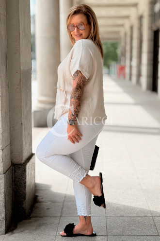 Bluse DOMESTI Beige – Lockerer Schnitt, V-Ausschnitt Plus Size
