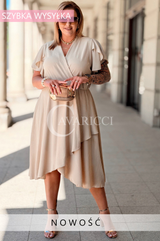 Kleid FIORELLA Beige – Asymmetrischer Saum & Wickelausschnitt