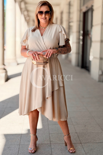 Kleid FIORELLA Beige – Asymmetrischer Saum & Wickelausschnitt