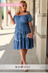 Bezauberndes Kleid GALATEA – Wasserfall-Volants und Knöpfe in Jeans-Farbe