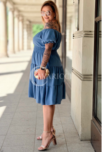 Kleid GALATEA – Wasserfall-Volants in Jeans-Farbe