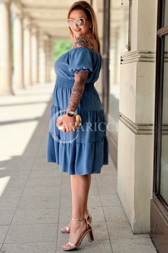 Kleid GALATEA – Wasserfall-Volants in Jeans-Farbe