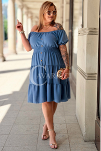 Kleid GALATEA – Wasserfall-Volants in Jeans-Farbe