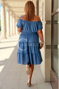 Kleid GALATEA – Wasserfall-Volants in Jeans-Farbe