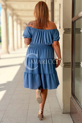 Kleid GALATEA – Wasserfall-Volants in Jeans-Farbe