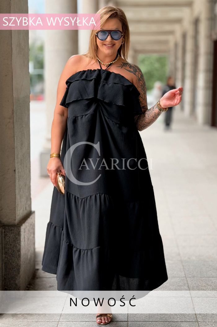 MARCELLA Maxikleid Schwarz – Luftig mit Volant & Bindeband