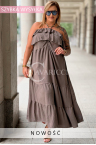 MARCELLA Kleid – Luftiges Maxikleid mit Volant am Ausschnitt und Bindeband am Nacken Farbe Fango