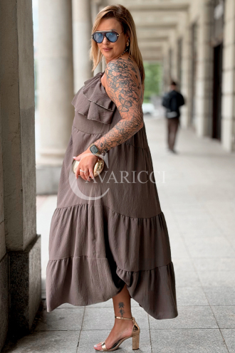 MARCELLA Maxikleid mit Volant & Bindeband – Fango
