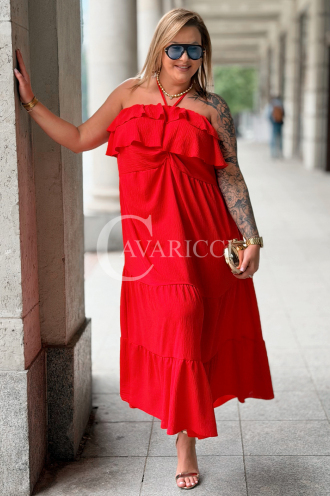 MARCELLA Maxikleid Rot – Luftig mit Volant & Bindung